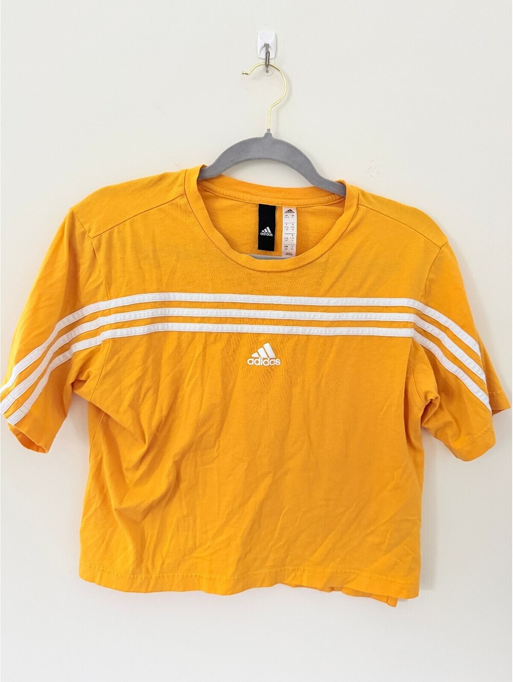 Adidas Women’s Small Yellow 3 Stripe Cropped T-Shirt Athletic Logo Tee